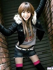 Adorable Asian teen in short shorts has nice legs and tight ass